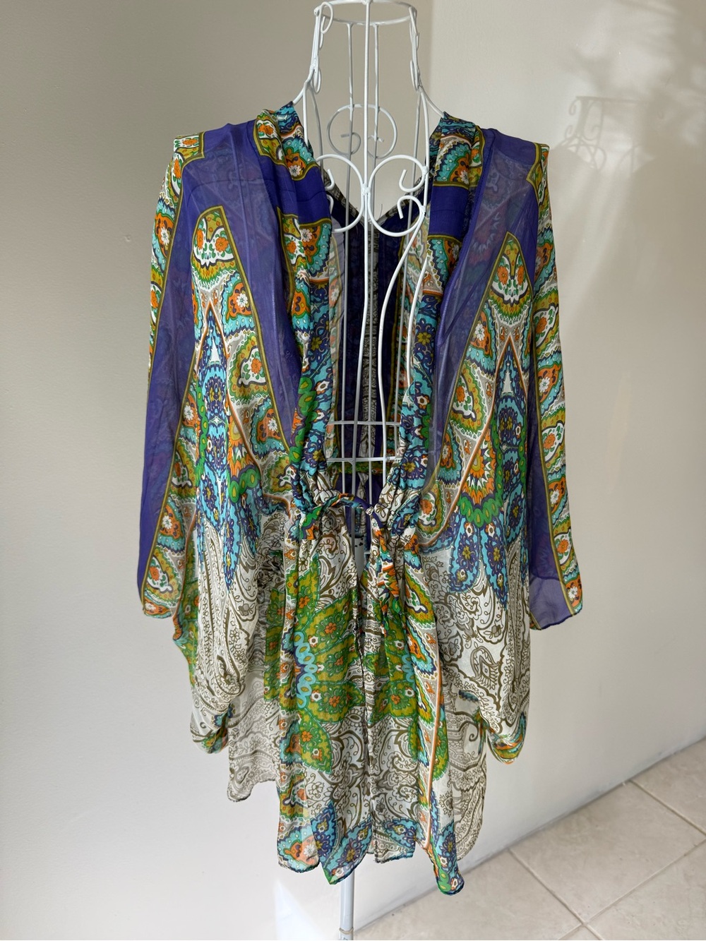 100% Silk Paisley Floral Print Kimono Caftan Cover Up Boho Purple Green